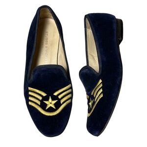 STUBBS & WOOTTON Womens Size 7 Midnight Blue Velvet Star Stripes Slipper Loafers